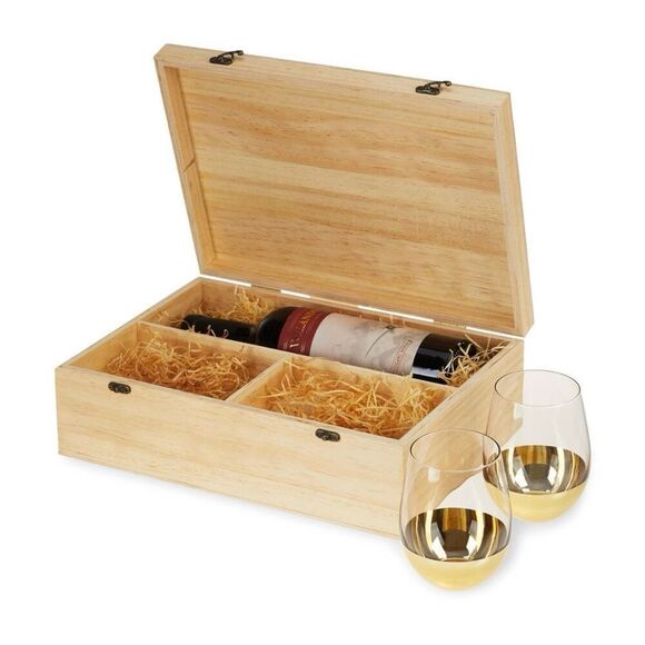 New Brookstone Wooden Wine Case Gift Box with Glasses - Picture 2 of 5